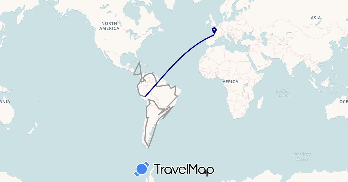 TravelMap itinerary: driving, plane in Argentina, Bolivia, Brazil, Chile, Colombia, Costa Rica, Cuba, Ecuador, Panama, Peru, Paraguay, Uruguay, Venezuela (North America, South America)